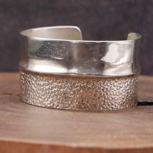 Artist Made Sterling Silver Half Textured & Half Polished Cuff Bracelet Size 6 - Picture 3 of 5
